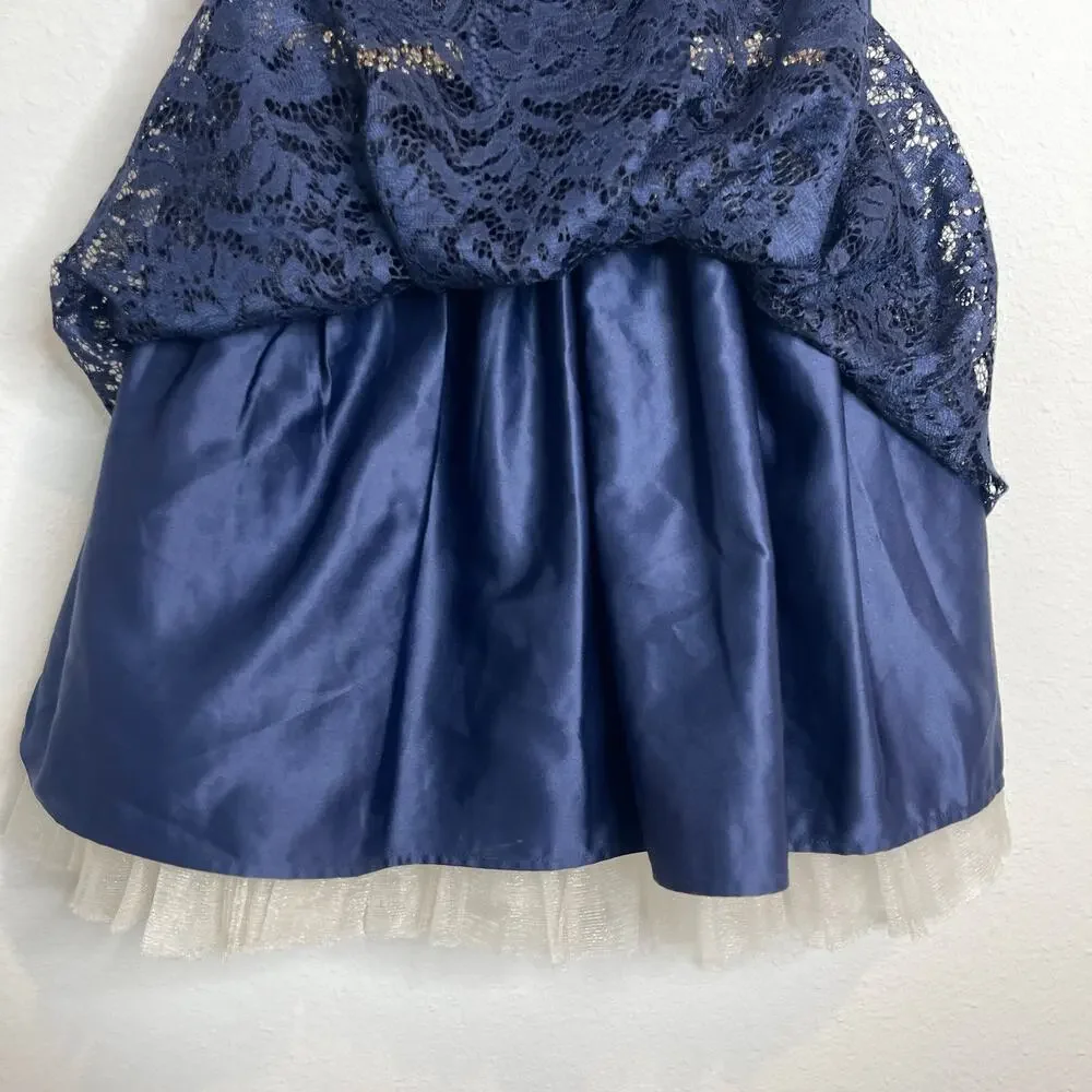 American Princess Girls Navy Gold Lace Dress Pearl Waist Bow Size 6X 7 Formal
